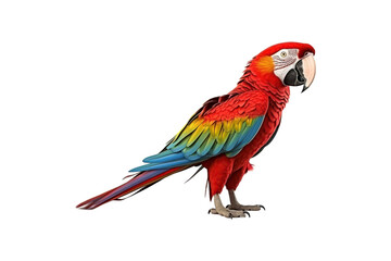 Fototapeta premium Scarlet macaw posing on a white backdrop is perfect for tropical-themed designs, birdwatching articles, wildlife conservation campaigns, or vibrant nature concepts