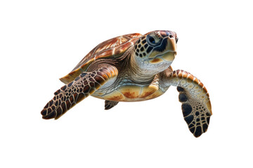 Obraz premium close up of a sea turtle on a white backdrop. Ideal for instructional materials on environmental issues, conservation, and marine life