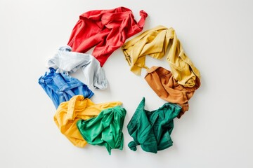 A circular arrangement of vibrant, colorful garments displayed against a white background, highlighting creativity and fashion.