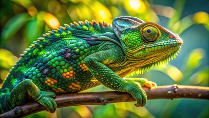 Fototapeta premium Vibrant green chameleon perches on a branch, its intricate scales glistening in the sunlight, showcasing a mesmerizing display of color-changing camouflage ability in nature.