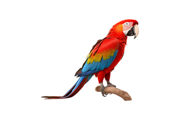 Fototapeta premium Scarlet macaw posing on a white backdrop is perfect for tropical-themed designs, birdwatching articles, wildlife conservation campaigns, or vibrant nature concepts