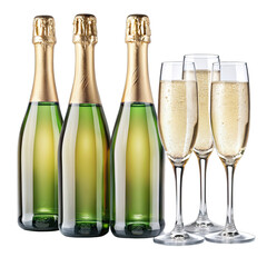 A set of three full champagne bottles and three empty champagne flutes are arranged on a white background