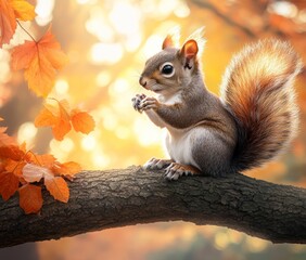 Obraz premium An autumn landscape with a beautiful fluffy red squirrel sitting on a tree oak with golden foliage is captured in this cute photograph