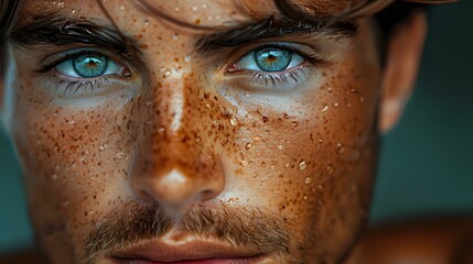 Close up portrait of young male model with bright blue eyes and natural freckles on face against blurred green background, beauty and fashion concept for natural look.