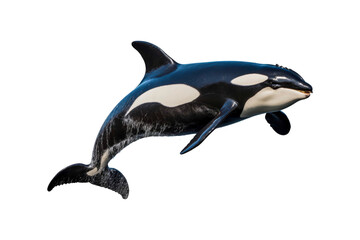 Obraz premium Black and white orca jumping out of water. Suitable for marine life websites, wildlife blogs, ocean themed designs, environmental posters, education materials
