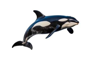 Black and white orca jumping out of water. Suitable for marine life websites, wildlife blogs, ocean themed designs, environmental posters, education materials