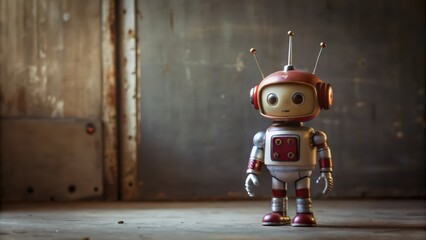 Fototapeta premium A Vintage Robot Stands Before a Rusty Metal Doorway