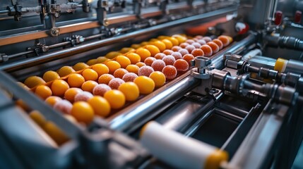 Obraz premium Sweet Factory: High-Angle View of Candy Production Line and Shaping Machinery in Operation