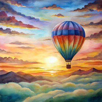 Hot Air Balloon at Sunrise Over Mountains in a Colorful Sky