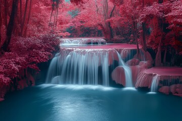 In Kanchanaburi Province, Thailand, the Erawan waterfall can be seen in the autumn of the forest.