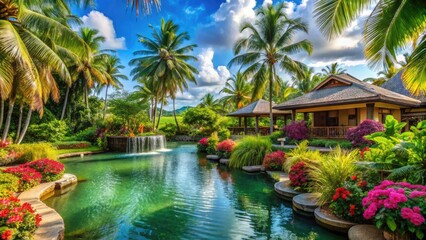 Serene tropical resort surroundings featuring lush greenery, vibrant flowers, and tranquil water features, providing a relaxing atmosphere for a peaceful getaway.