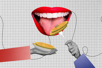 Composite photo collage of female mouth lick bitcoin money prick fork eat rich business trader...