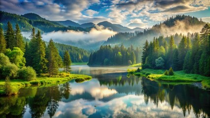 Obraz premium Serene wilderness scene featuring a misty lake surrounded by lush green forest, rolling hills, and towering trees in a protected nature reserve landscape.