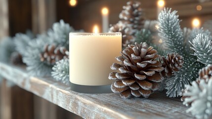 A candle sits on a shelf next to pine cones. The scene creates a cozy and warm atmosphere, perfect for the holiday season