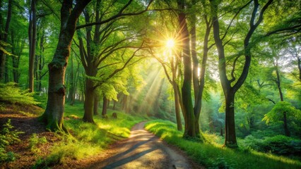 Naklejka premium Serene woodland scene featuring a winding dirt path flanked by towering trees, vibrant green underbrush, and dappled sunlight filtering through the leafy canopy above.