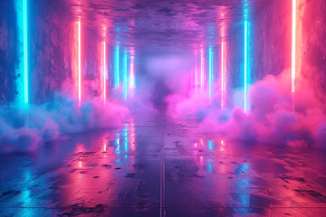 ultraviolet-lit cyber underground warehouse concrete reflective studio with a sci-fi futuristic...