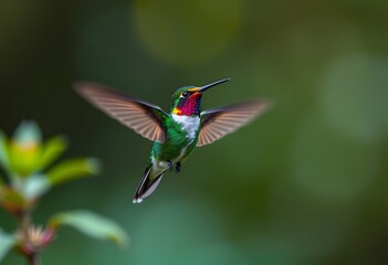 Hummingbird in mid-flight with slightly open wings, captured on a natural green background, highlighting the movement and vibrant colors of the feathers