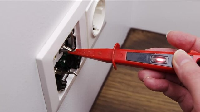 Close-up of a person using a voltage tester to check an electrical outlet, highlighting safety measures and home electrical work.