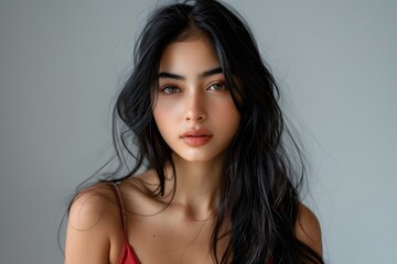 Fototapeta premium Closeup of Young Woman with Straight Hair and Red Top Looking Confident