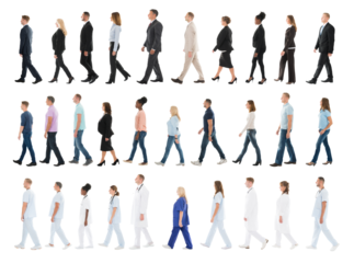 Diverse Group of Professionals Walking in Line - Surgeon, Nurse, Businesswoman