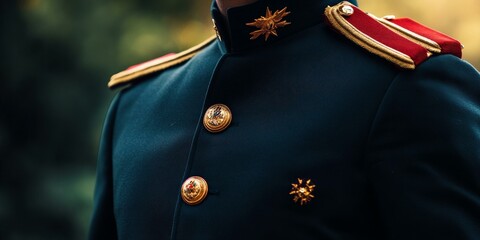 Dark blue uniform with gold buttons and trim.