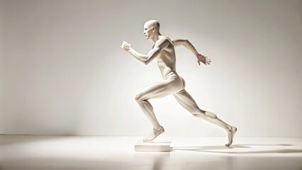 Obraz premium A nude, sculpted figure in mid-stride, running with an extended leg and arm, posed against a white backdrop.