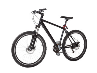 Professional cyclist rides sleek black mountain bike against white background