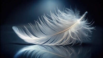 Obraz premium Softly lit, delicate, and intricately patterned, a single white feather fills the frame, showcasing its gentle curves and subtle sheen in exquisite high-contrast detail.
