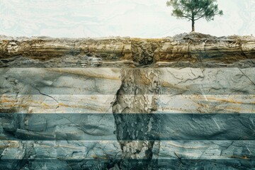 Fototapeta premium A tree standing atop layered earth, depicting resilience and the beauty of natural topography against an expansive view.
