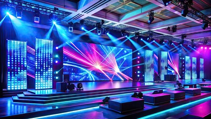 Vibrant LED lights illuminate a futuristic stage setup with sleek screens and modern audio equipment, ready for a high-tech audiovisual presentation or virtual event.
