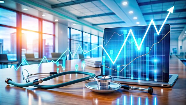 Vibrant line graph illustrating increasing wellness metrics on a digital dashboard, surrounded by stethoscopes, medical tablets, and blurred hospital background, conveying modern healthcare analysis.