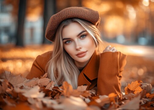 This dreamy, beautiful girl with natural cutly hair is standing in front of a colorful, autumn background.
