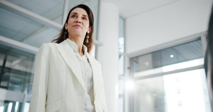 Business woman, handshake and support for negotiation, deal or legal settlement in law firm or dispute. People, agreement and employee in crisis resolution, court case or mediation process low angle