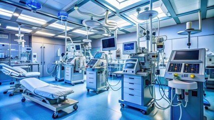 State-of-the-art hospital equipment featuring a ventilator, cardiac monitor, and other machines beeping and flashing, surrounded by tangled wires and tubes in a sterile environment.