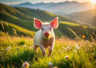 A Yorkshire piglet explores a vibrant green meadow, its soft fur sparkling in the warm sunlight, surrounded by vibrant wildflowers and gentle rolling hills.