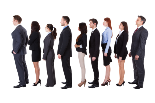 diverse team of business professionals patiently waiting in line