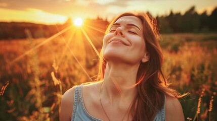 A joyful woman radiating positive energy and happiness, full of vitality and well-being, embodying a vibrant and uplifting scene of pure joy and optimism in everyday life