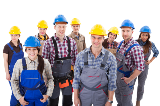 Skilled construction team of diverse individuals in dungarees and hardhats