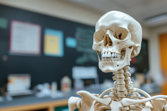 Skeleton bones model skull against science classroom school background, human body anatomy and biology concept. - Powered by Adobe