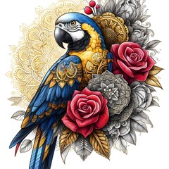 Obraz premium parrot on blooming hellebore pink flower watercolor illustration. Eastern sialia bird with tender spring flowers and green leaves. Realistic floral spring image Isolated on the white background