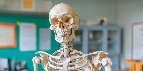 Skeleton bones model skull against science classroom school background, human body anatomy and biology concept.