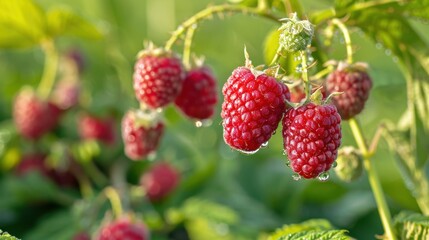 Closeup view of raspberry fruit on plant with leaf in plantation farm