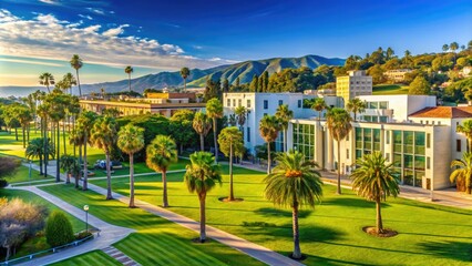 Fototapeta premium Sunny day at a prestigious California university campus, featuring modern architecture, palm trees, and lush green lawns surrounded by scenic coastal hills.