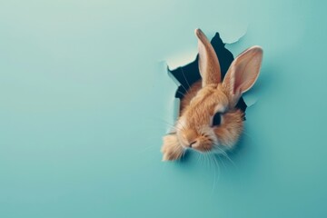 Obraz premium An adorable bunny peeking through a torn turquoise background, its soft fur and curious expression capturing attention against the vibrant color.