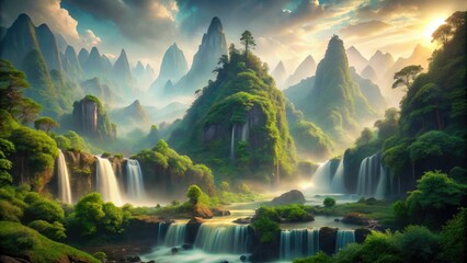 Surreal serene landscape with misty mountains, shimmering waterfalls, and lush greenery blurred into a soft, abstract background perfect for a calming desktop wallpaper.