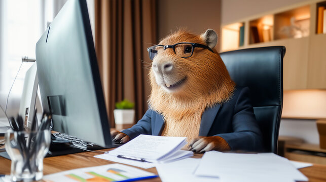 Smiling capybara in officeman costume with lot of work on table, Relax in work concept . Funny animal concept .