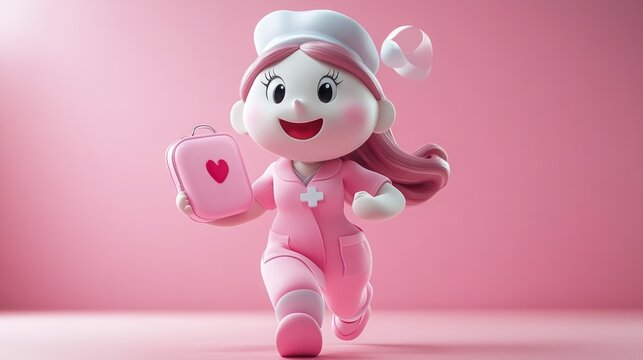 Cartoon Character Woman Doctor Running in Pink Uniform Holding Red First Aid Kit: Medical Clip Art Isolated on White Background