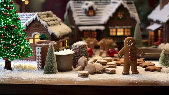 Smiling gingerbread man is standing in artificial snow on a wooden table decorated for christmas with small illuminated gingerbread houses and frosted evergreen trees