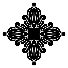 Cross shape floral design or frame in old Russian medieval folk style. Geometrical square mandala with four stylized flowers. Black and white silhouette.