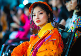Fototapeta premium A smiling female model in a wheelchair, wearing a colorful coat with yellow and orange accents, poses at a fashion show.